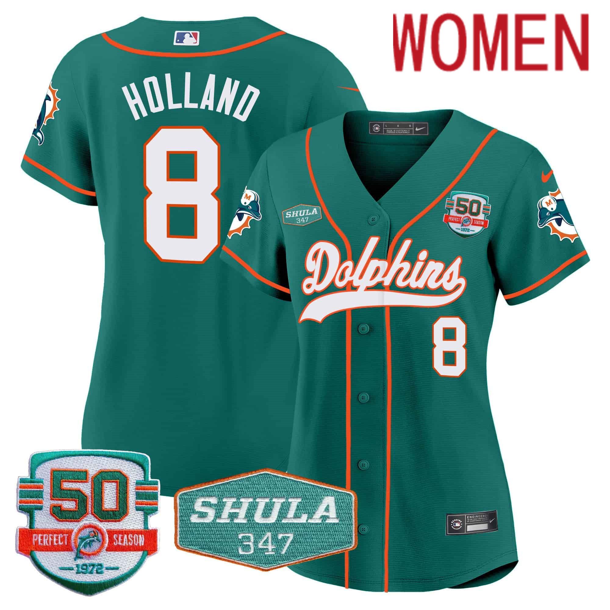 Women Miami Dolphins #8 Holland Green 2024 Nike 50th Don Shula Memorial Patch Baseball NFL Jersey style 1->women nfl jersey->Women Jersey